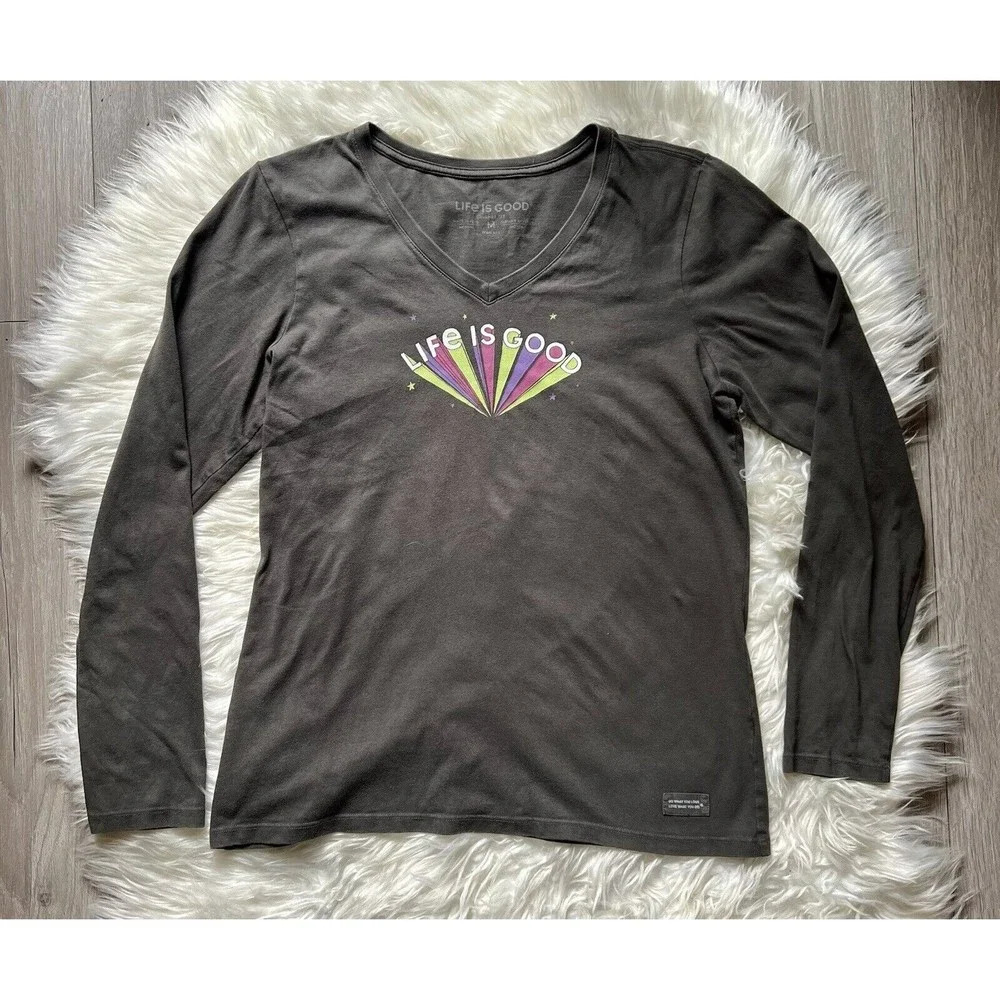Life Is Good T-Shirt Womens  Size M Gray Long Sleeves V-Neck Logo Graphic Casual